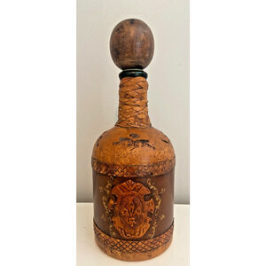 Vintage Italian Leather Wrapped Glass Decanter w/ Embossed Fleur De Lis Crest